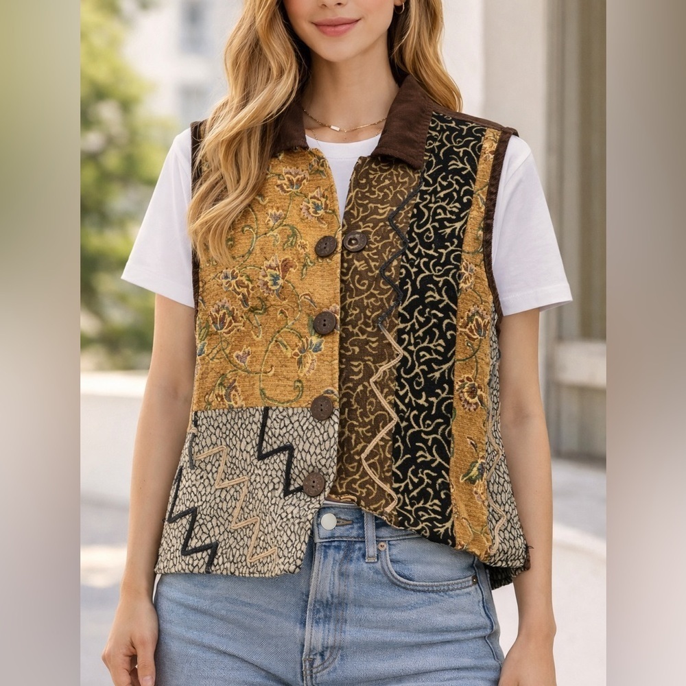 Vtg Y2K Vest Womens M/L Corduroy Mixed Media Floral Tapestry Grandma Boho Artsy